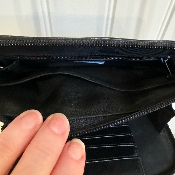 Spring Black Leather Cross Body Bag with front Wallet Pocket. 7.5” by 6.5” by 1” - Picture 4 of 6